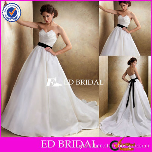 XL035 Strapless Pleats Ball Gown Detachable Black Sash Open Back Bridal Gown